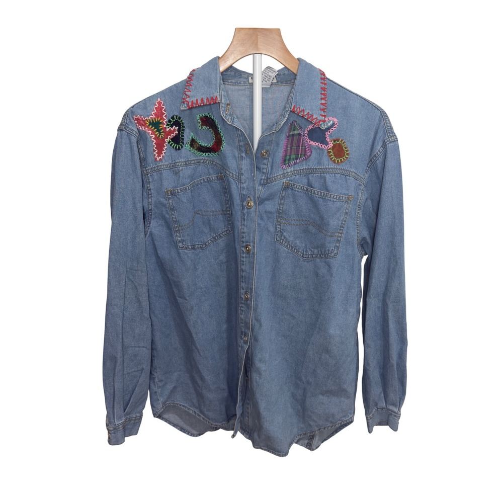 Vintage Blue Star Patchwork Denim Shirt | Artsy Boho 90s Teacher‎ Core